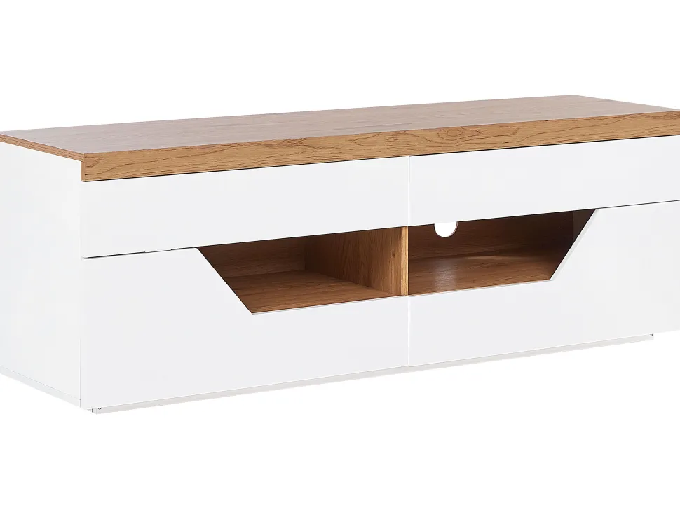 Movel De Tv Com 4 Gavetas E 2 Prateleiras Branco E Cor De Madeira Clara Cheval