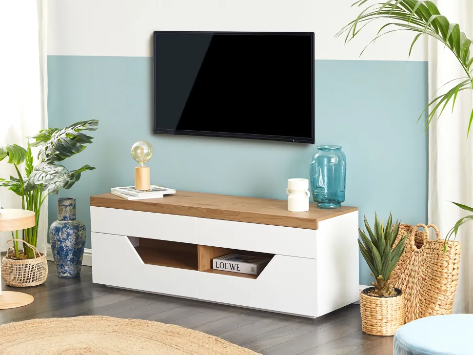 Movel De Tv Com 4 Gavetas E 2 Prateleiras Branco E Cor De Madeira Clara Cheval