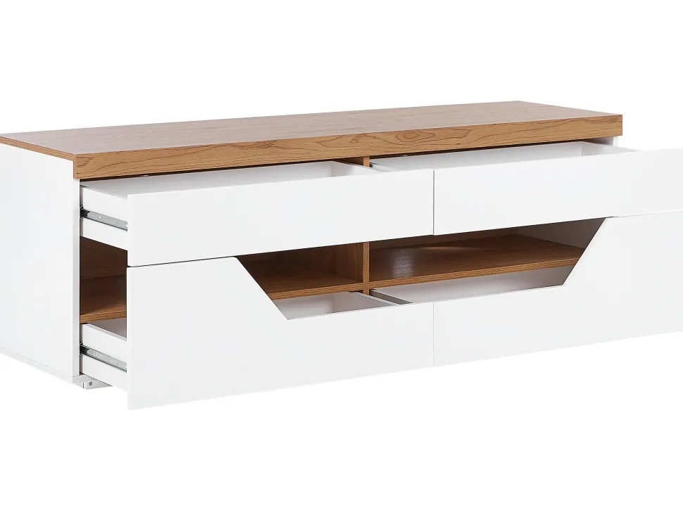 Movel De Tv Com 4 Gavetas E 2 Prateleiras Branco E Cor De Madeira Clara Cheval