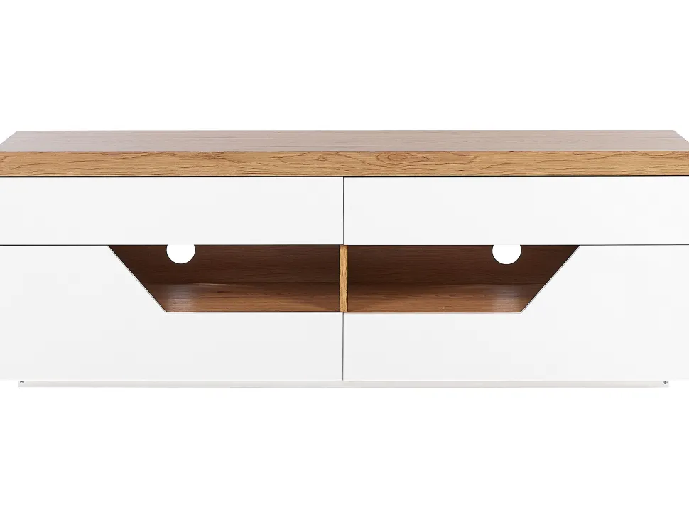 Movel De Tv Com 4 Gavetas E 2 Prateleiras Branco E Cor De Madeira Clara Cheval