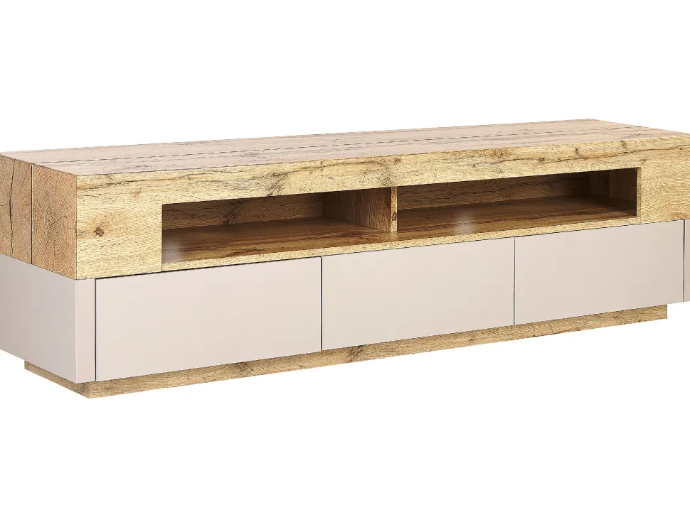 Movel De Tv Com 3 Gavetas E 2 Prateleiras De Madeira Clara E Creme Antonio