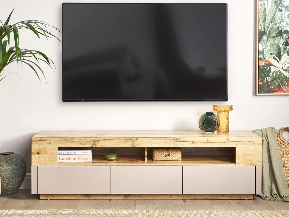 Movel De Tv Com 3 Gavetas E 2 Prateleiras De Madeira Clara E Creme Antonio