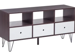 Movel De Tv Com 3 Gavetas E 3 Prateleiras Em Madeira Escura E Branco Foston
