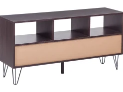 Movel De Tv Com 3 Gavetas E 3 Prateleiras Em Madeira Escura E Branco Foston