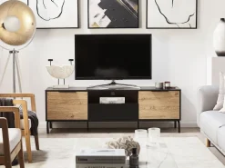 Movel De Tv Com 1 Gavetas E 2 Portas Em Preto E Madeira Clara Arkley