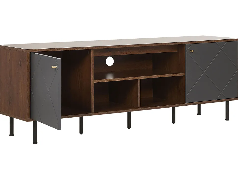 Movel De Tv Com 2 Portas E 3 Prateleiras Em Madeira Escura E Cinzento Palmer
