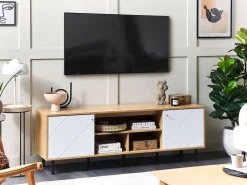 Movel De Tv Com 2 Portas E 3 Prateleiras Em Madeira Clara E Branco Palmer