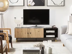 Movel De Tv Com 2 Portas E 2 Prateleiras Em Madeira Clara E Preta Abilen