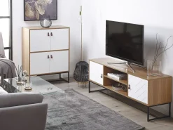 Movel De Tv Com 2 Portas E 2 Prateleiras Em Madeira Clara E Branco Nueva
