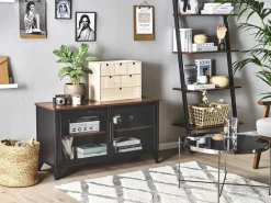 Movel De Tv Com 2 Portas Em Madeira Escura E Preto Vince