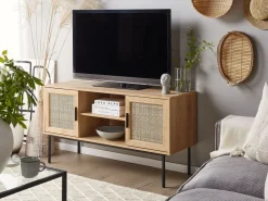 Movel De Tv Com 2 Portas E 2 Prateleiras Em Rattan Cor De Madeira Clara Pasco