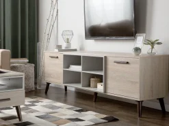 Movel De Tv Com 2 Portas E 4 Prateleiras Em Madeira Clara E Cinzenta Alloa