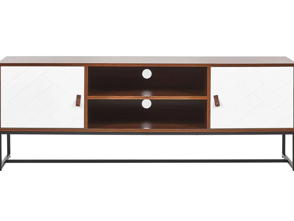 Movel De Tv Com 2 Portas E 2 Prateleiras Em Madeira Escura E Branco Nueva
