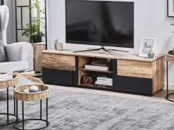 Movel De Tv Com 2 Portas E 2 Prateleiras Em Madeira Clara E Preto Sterling
