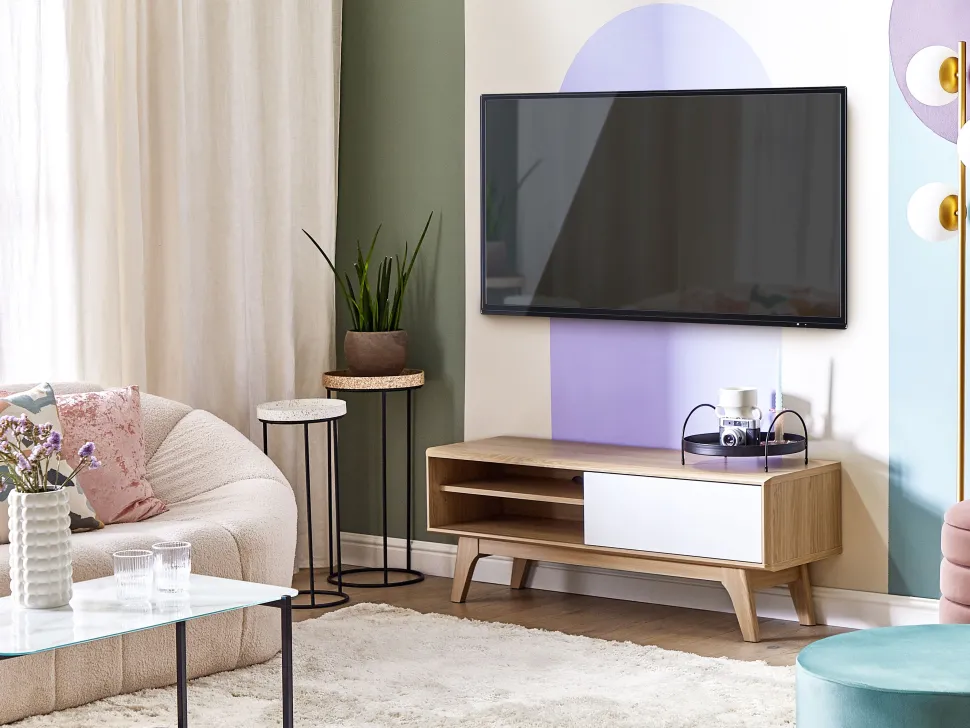 Movel De Tv Com 4 Prateleiras Em Cor De Madeira Clara E Branca Buffalo