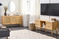 Movel De Tv De Rattan Com 4 Gavetas E 1 Prateleira Em Cor De Madeira Clara Perote