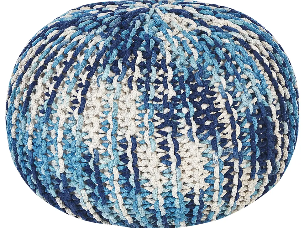Pufe Redondo Em Tricot Branco E Azul 50 X 35 Cm Conrad