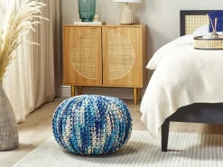 Pufe Redondo Em Tricot Branco E Azul 50 X 35 Cm Conrad