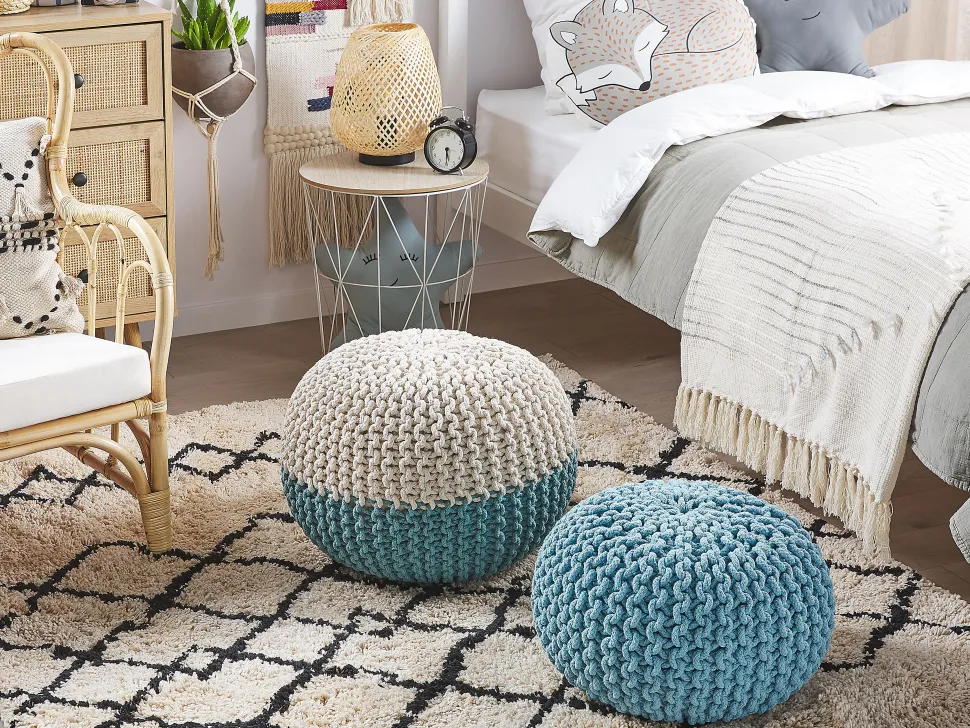 Pufe Redondo Em Tricot Creme E Azul 50 X 35 Cm Conrad