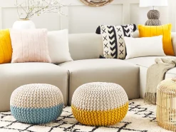 Pufe Redondo Em Tricot Creme E Amarelo 50 X 35 Cm Conrad