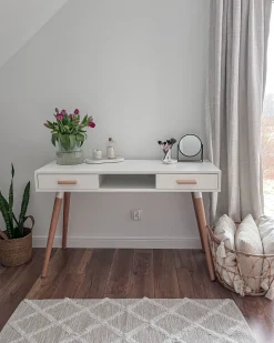 Secretaria / Toucador Branca E Castanha Com 2 Gavetas 120 X 45 Cm Frisco