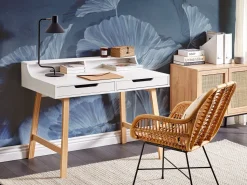 Secretaria Em Madeira Clara E Branca Com 2 Gavetas 110 X 58 Cm Barie