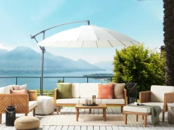 Sofa De Jardim De 3 Lugares Em Madeira De Acacia Com Almofadas Brancas Baratti