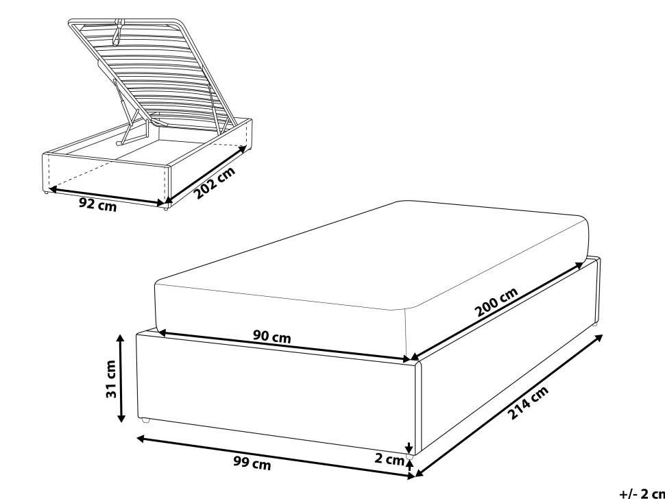Sommier De Solteiro Com Arrumação Em Tecido Cinzento Escuro 90 X 200 Cm Dinan