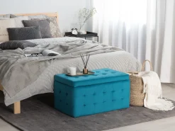 Tamborete Com Arrumação Em Veludo Azul Turquesa 72 X 42 Cm Michigan