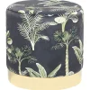 Tamborete Com Arrumação Veludo Verde E Preto E Padrao De Folhas 38 Cm Wriley