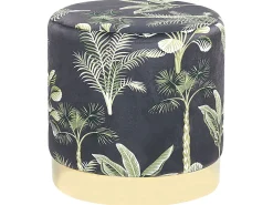 Tamborete Com Arrumação Veludo Verde E Preto E Padrao De Folhas 38 Cm Wriley
