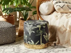 Tamborete Com Arrumação Veludo Verde E Preto E Padrao De Folhas 38 Cm Wriley