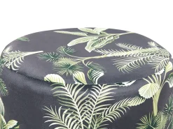 Tamborete Com Arrumação Veludo Verde E Preto E Padrao De Folhas 38 Cm Wriley
