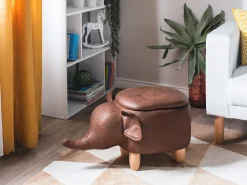 Tamborete Em Pele Sintetica Castanha Escura Com Arrumação Elephant