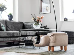 Tamborete Em Pele Sintetica Cinzenta Clara Com Arrumação Elephant