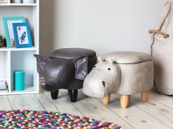 Tamborete Em Pele Sintetica Cinzenta Clara Com Arrumação Hippo