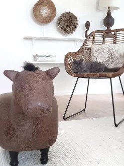 Tamborete Em Pele Sintetica Castanho Escuro Horse