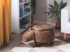 Tamborete Em Pele Sintetica Castanha Com Arrumação Hippo