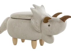 Tamborete Em Pele Sintetica Cinzento Claro Com Arrumação Triceratops