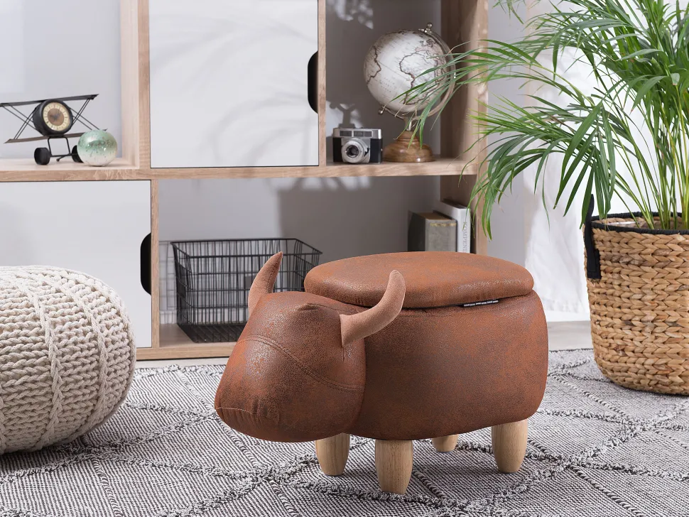 Tamborete Em Pele Sintetica Castanha Clara Com Arrumação Cow