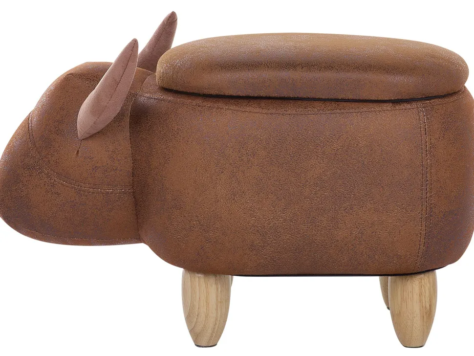 Tamborete Em Pele Sintetica Castanha Clara Com Arrumação Cow