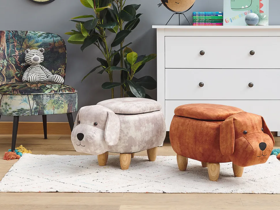 Tamborete Em Tecido Castanho Dourado Com Arrumação Doggy