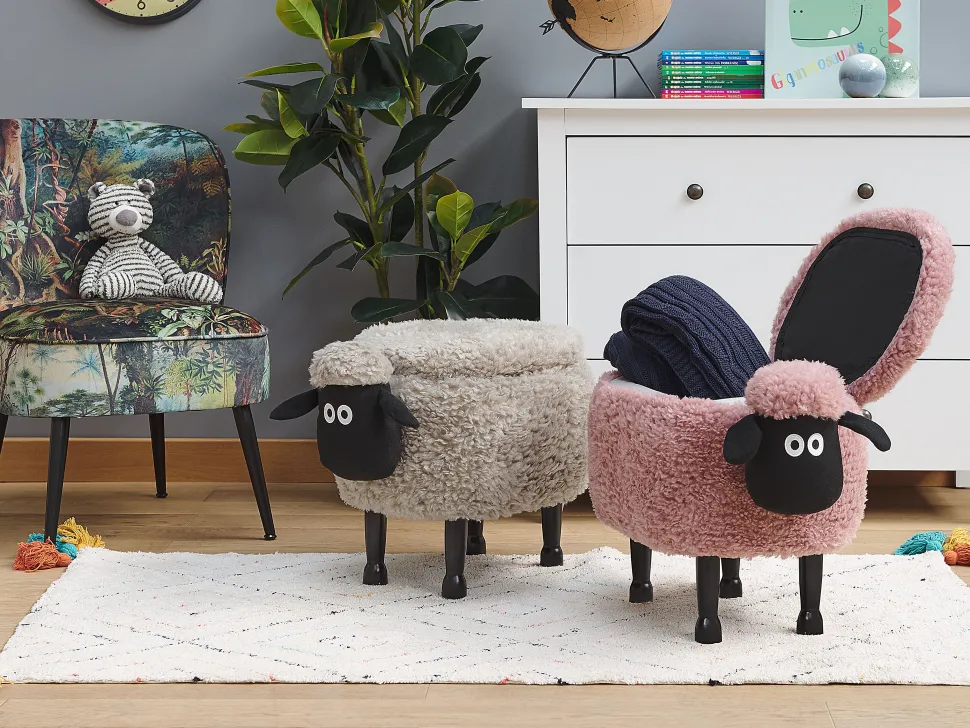 Tamborete Em Tecido Cinzento Com Arrumação Sheep