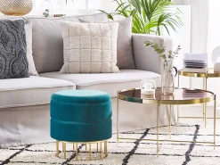 Tamborete Em Veludo Azul Com Arrumação Elgin