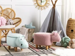 Tamborete Em Veludo Azul Claro Com Arrumação Hippo