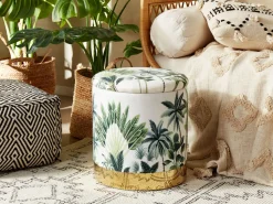 Tamborete Em Veludo Branco E Verde Com Arrumação Harrison