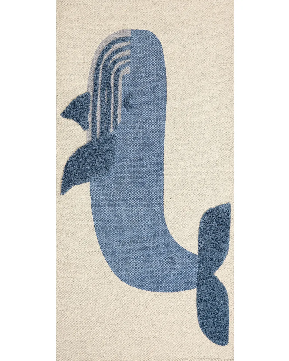 Tapete De Algodao Azul E Creme Com Impressao De Baleia 80 X 150 Cm Selai