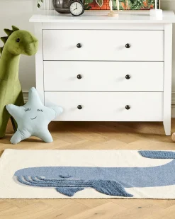 Tapete De Algodao Azul E Creme Com Impressao De Baleia 80 X 150 Cm Selai