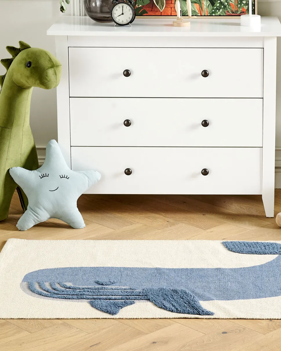 Tapete De Algodao Azul E Creme Com Impressao De Baleia 80 X 150 Cm Selai