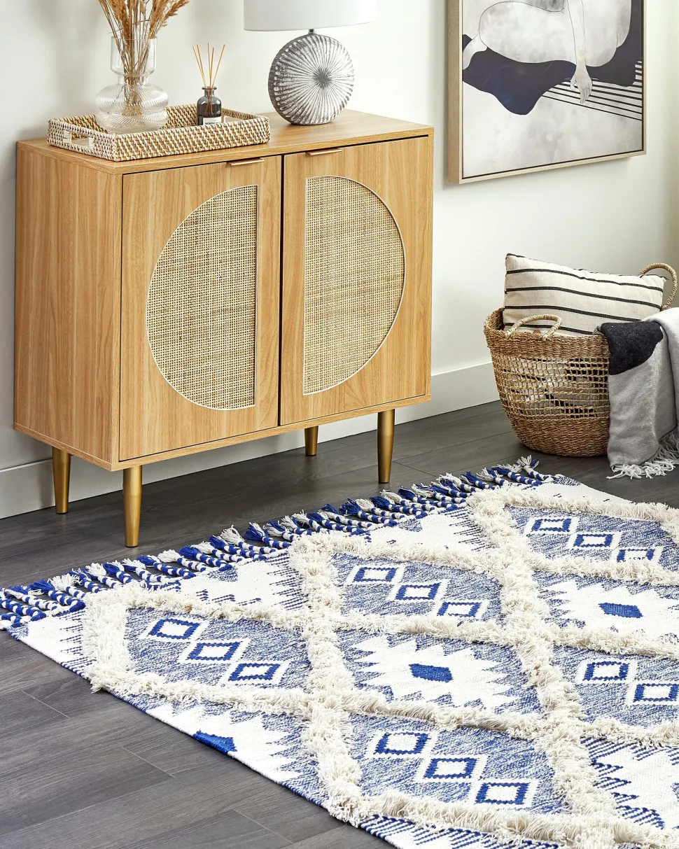 Tapete De Algodao Creme Claro E Azul 140 X 200 Cm Manavgat